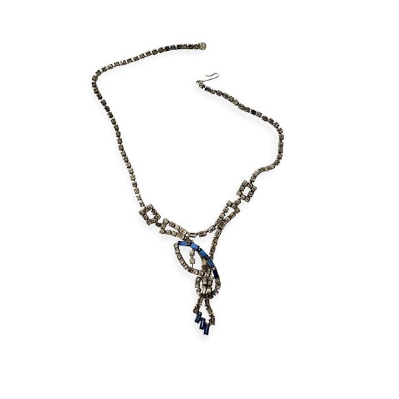 Mid-Century Vintage Rhinestone Necklace,  Blue Accents – Art Deco Revival Style - Picture 5 of 9